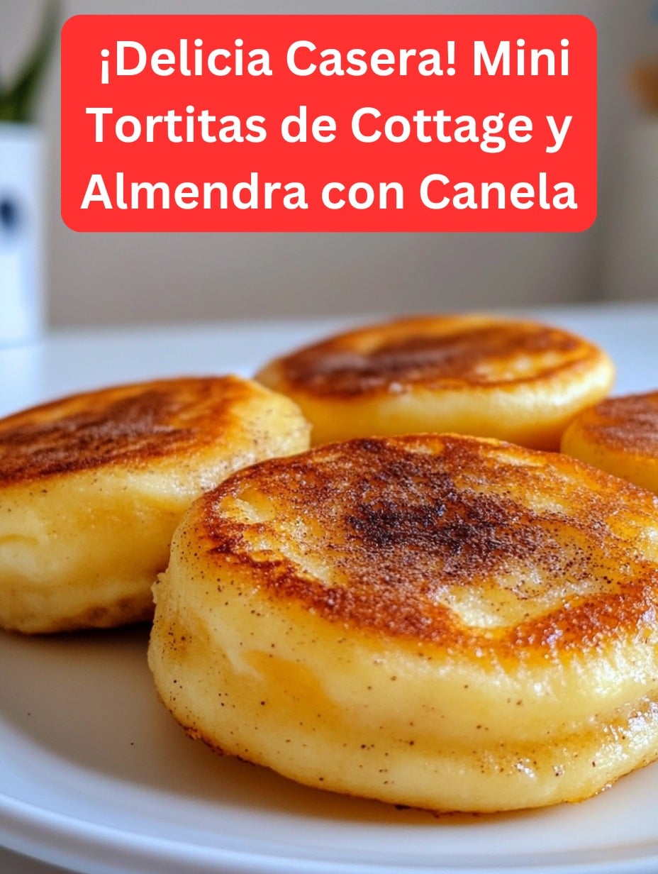 Mini tortitas de cottage y almendra con toque de canela recién horneadas, servidas en un plato blanco con frutas frescas y miel.