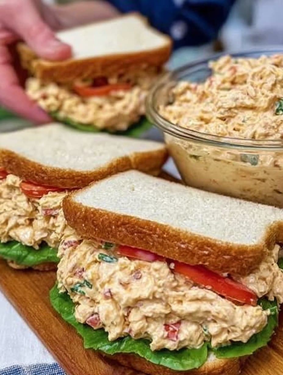 Sándwiches de pollo con mayonesa cremosos servidos en pan blanco con lechuga y tomate.