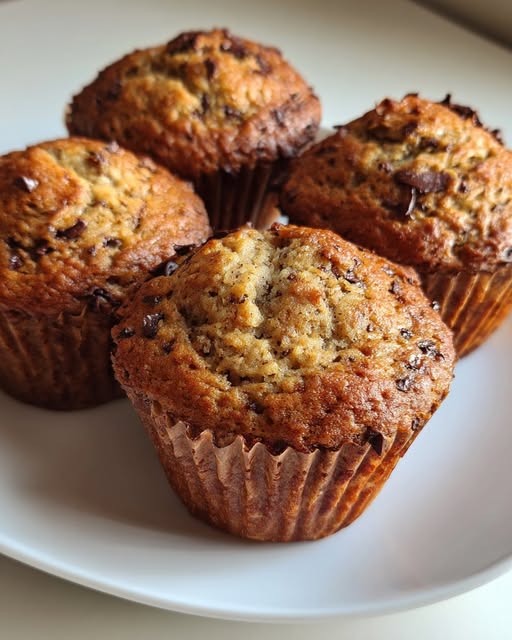 Muffins caseros de plátano, cacao y avena, sin azúcar ni harina, recién horneados y servidos en un plato blanco.
