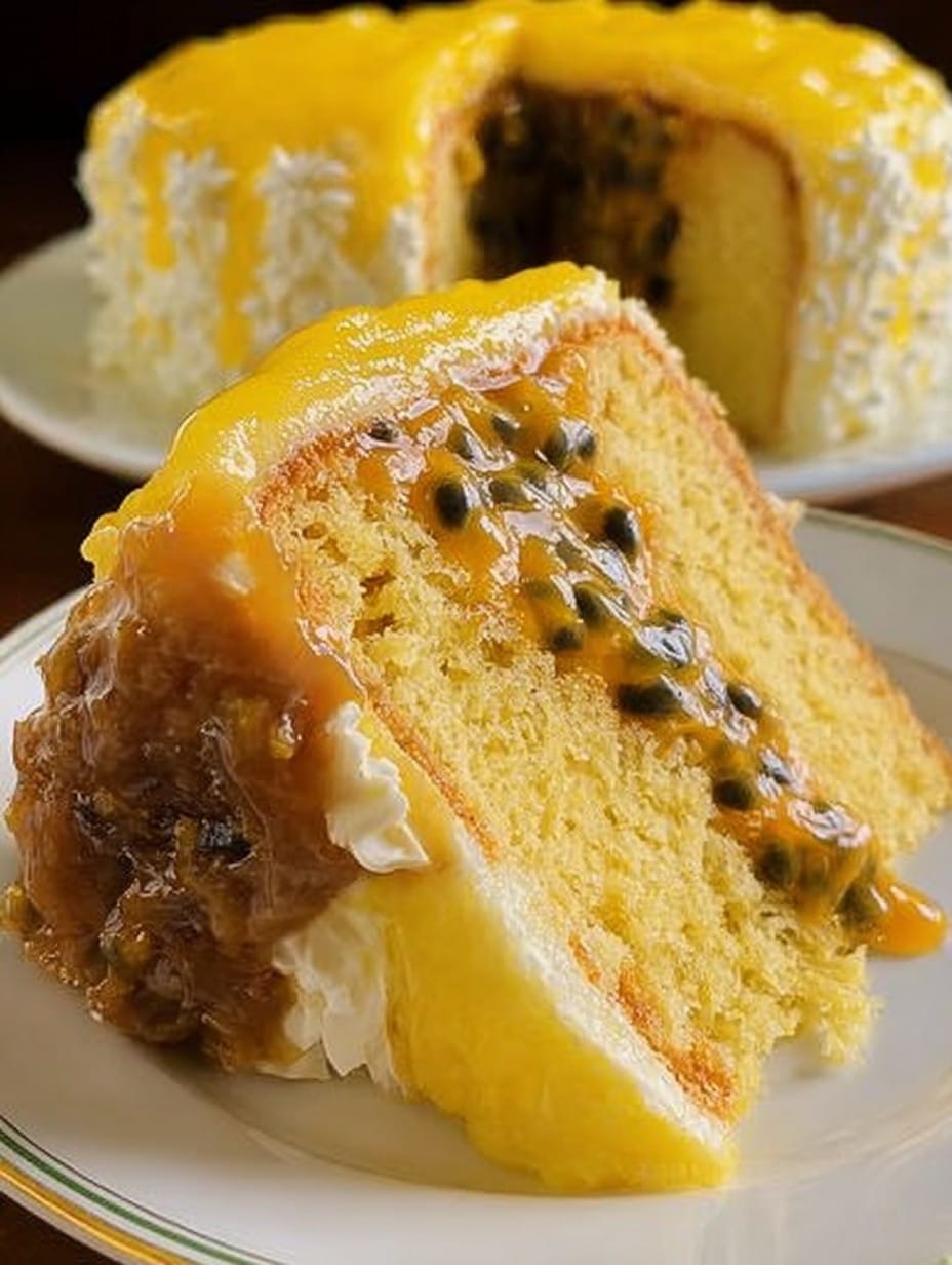 Pastel de Maracuyá con Dulce de Leche decorado con mousse cremoso y semillas de maracuyá sobre un plato blanco.