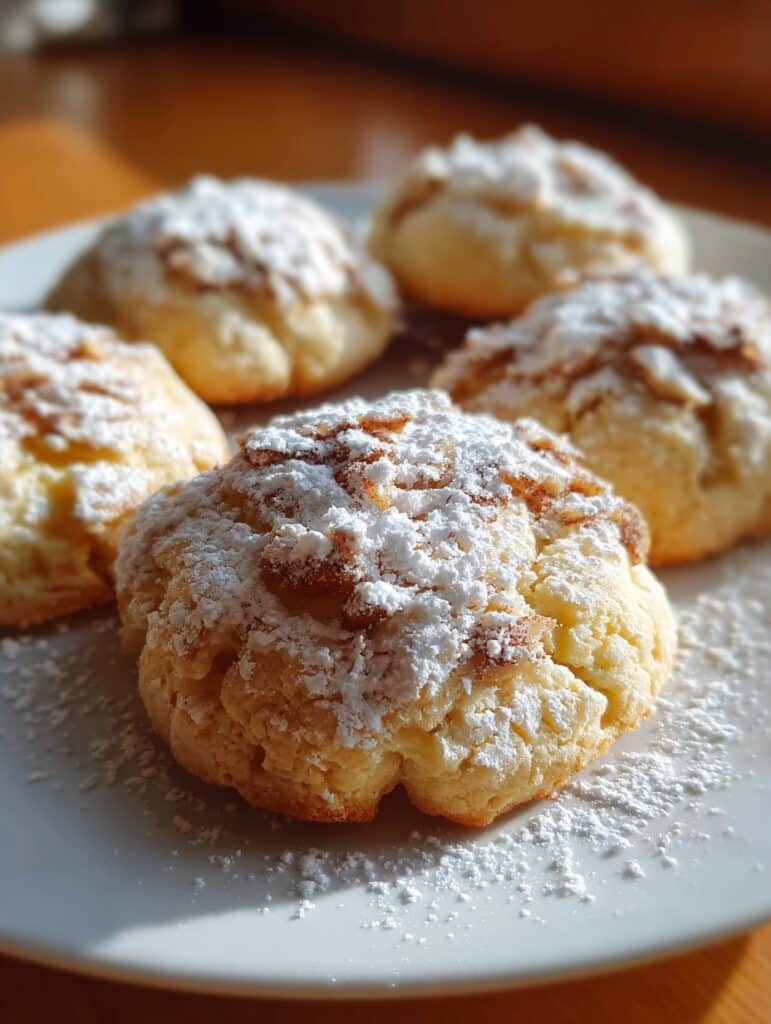 Galletas caseras de manzana y canela recién horneadas, espolvoreadas con azúcar glas sobre una bandeja de madera