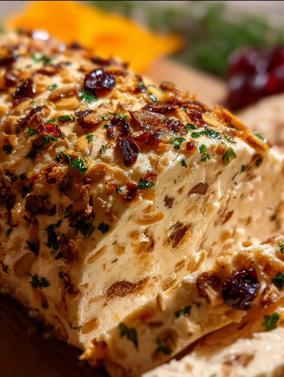 Queso Navideño en forma de tronco, decorado con nueces y cebollín, servido con galletas y pan en una mesa festiva.