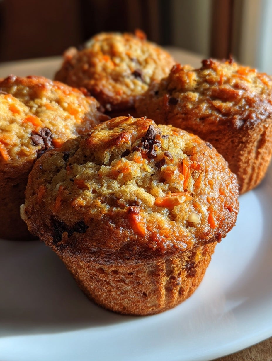 Muffins saludables de avena, plátano y zanahoria recién horneados en un plato de cerámica.