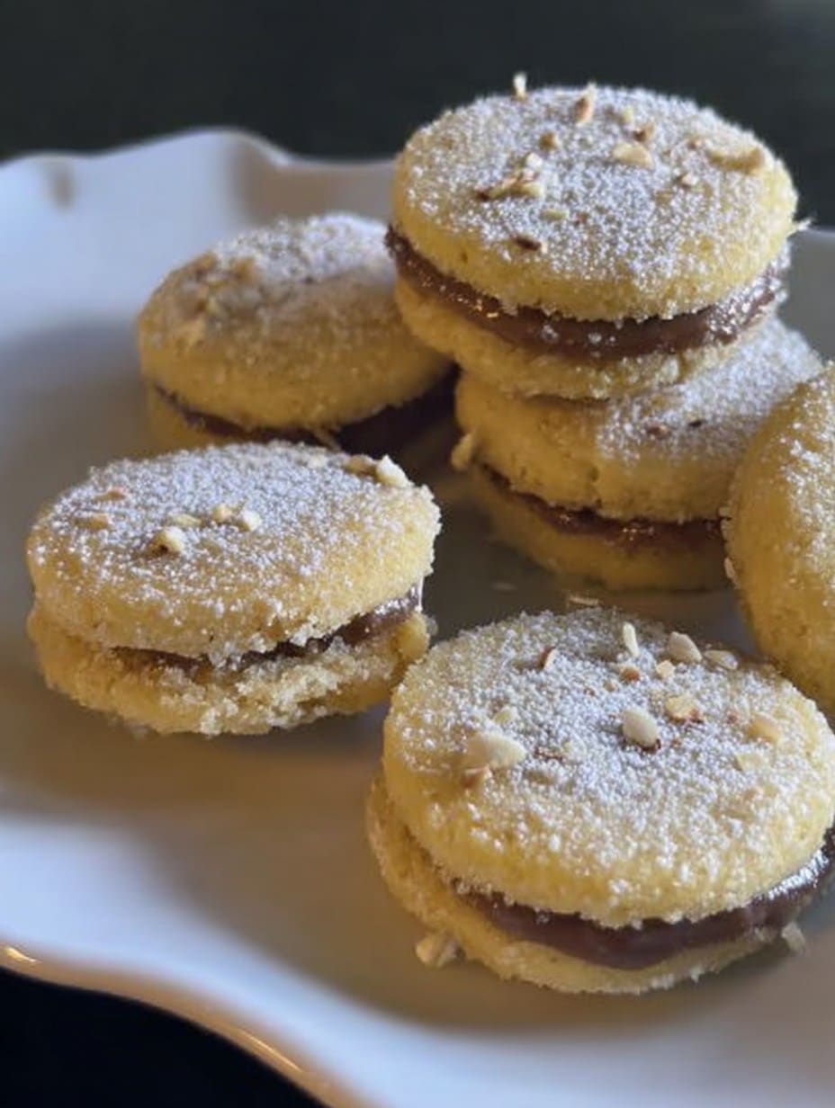 Alfajores con harina de almendras rellenos de dulce de leche sin azúcar, sobre un plato de cerámica blanca.
