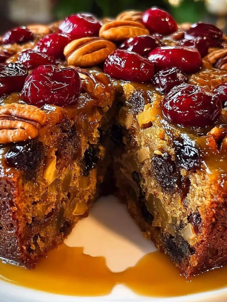 Pastel de frutas casero con nueces y frutas secas recién horneado sobre una mesa rústica.