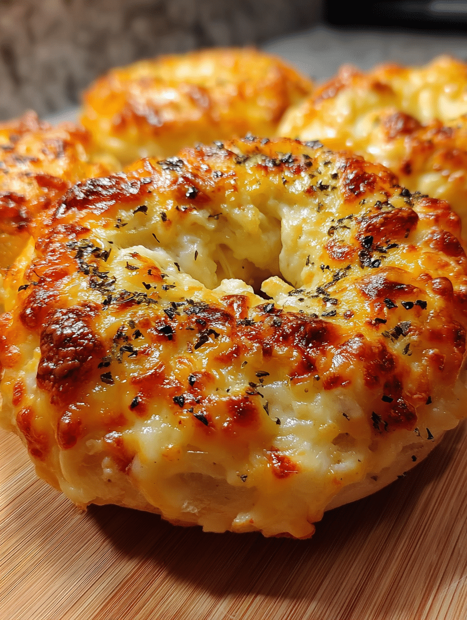 Bagels de requesón con ajo y parmesano recién horneados, dorados y esponjosos sobre una charola.