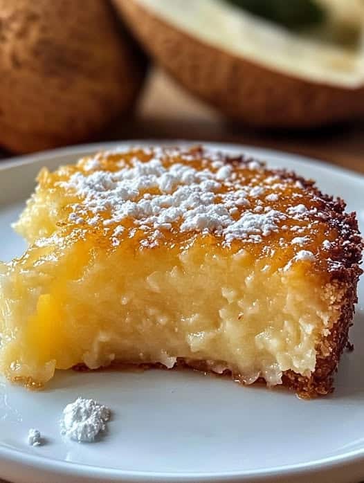 Pastel de Piña y Coco casero recién horneado, decorado con coco rallado.