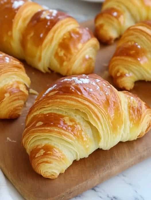 “Croissants caseros recién horneados sobre una bandeja, dorados y esponjosos”
