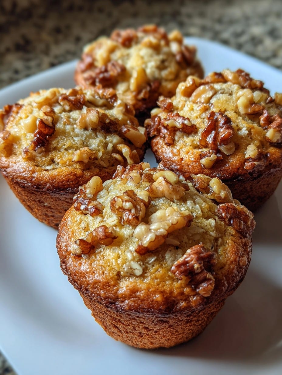 Panecillos de avena, plátano y nueces recién horneados sobre una charola, listos para disfrutar con café o té.