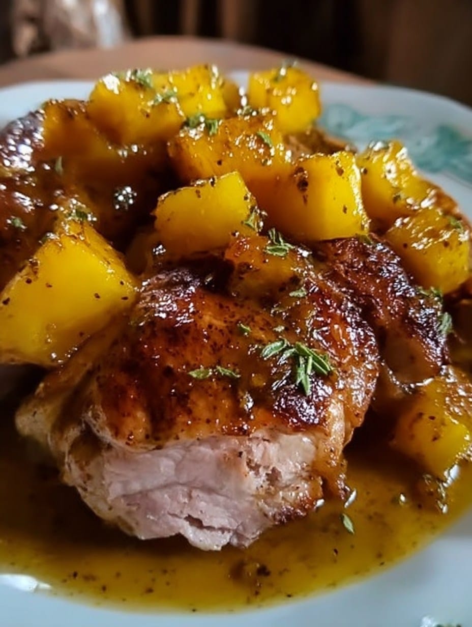 Pierna de pollo en salsa de piña servida con arroz blanco y piña fresca