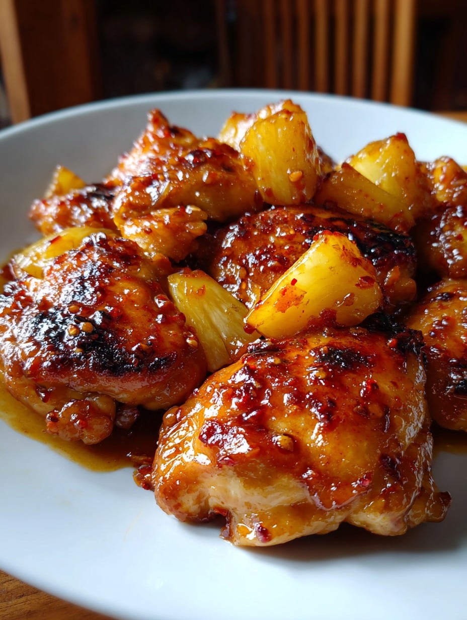 Plato de Pollo a la Piña con Toque Picante servido con arroz blanco