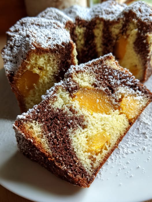 “Rebanada de torta marmolada con duraznos en un plato blanco, mostrando su interior esponjoso con vetas de vainilla y chocolate.”