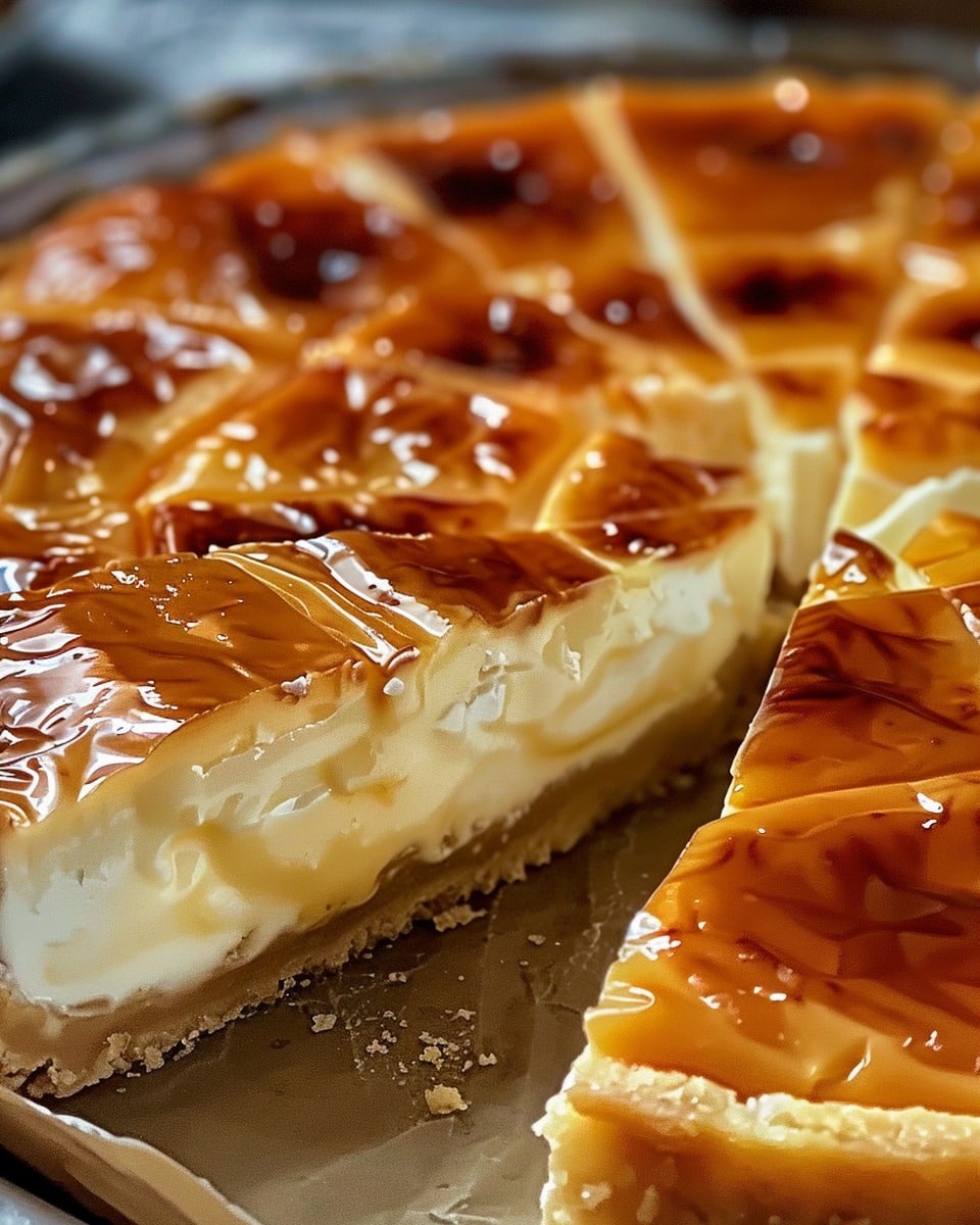 Tarta de Queso de la Abuela con caramelo líquido en la parte superior, lista para servir.