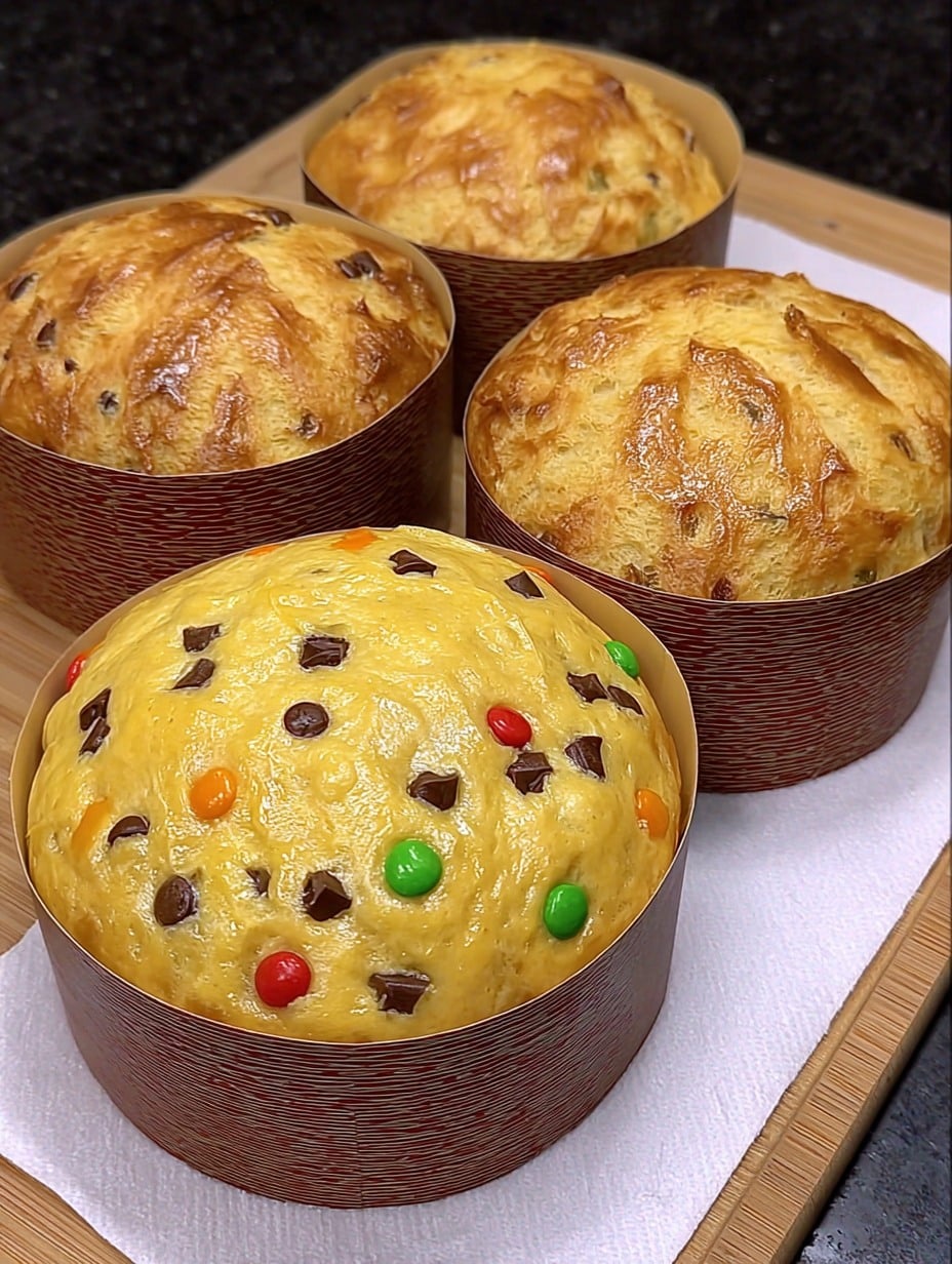 Pan dulce sin amasar recién horneado, con frutas confitadas y chispas de chocolate en moldes de papel.