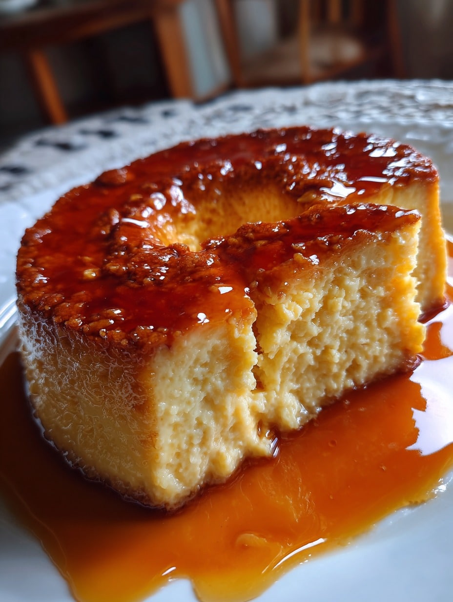 Flan de Elote con Queso Crema casero sobre un plato blanco, cubierto con caramelo dorado y textura suave.
