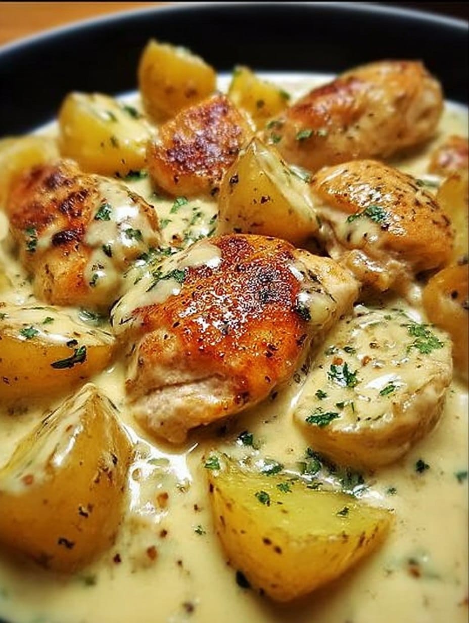 Pollo con patatas en salsa de queso servido en plato con perejil fresco.