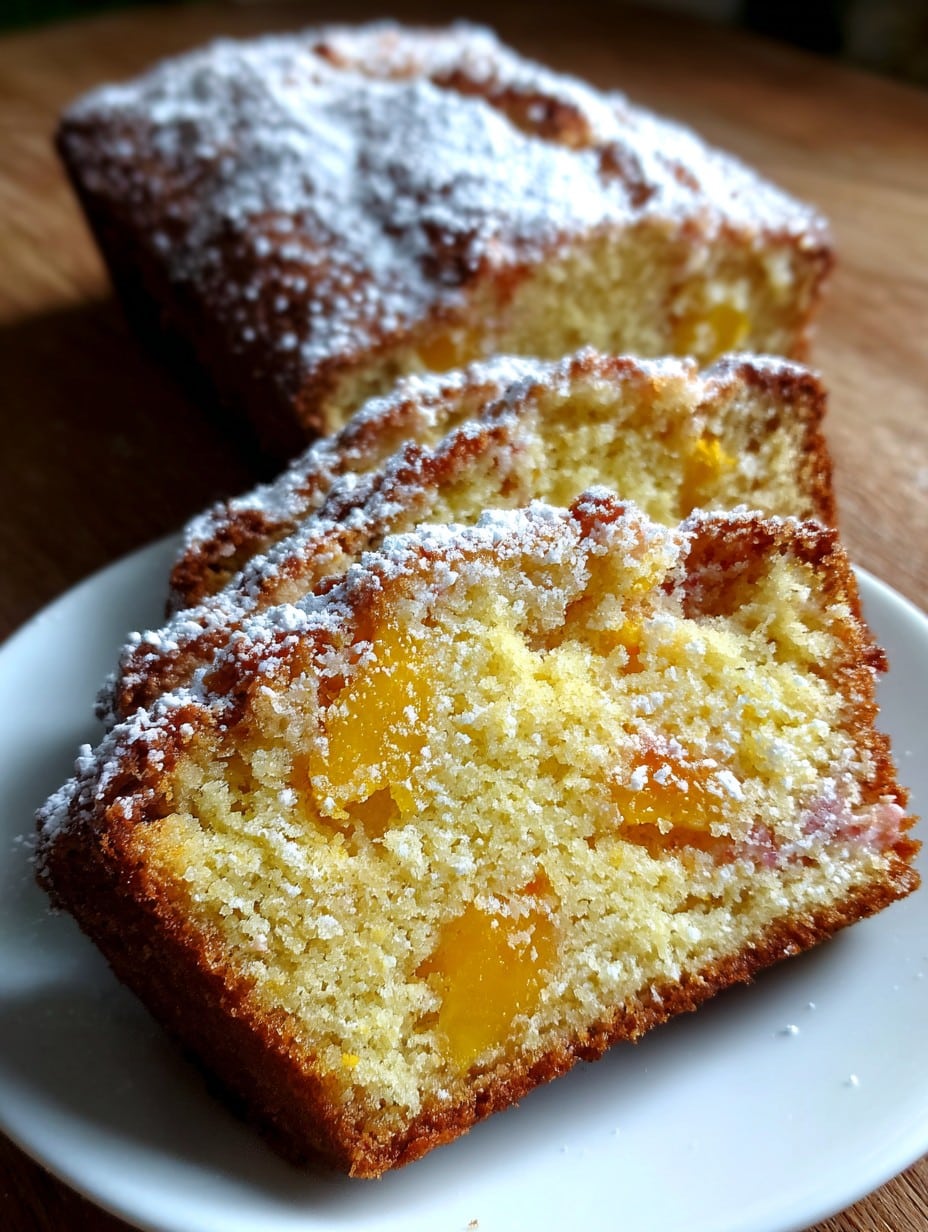 Budín mágico de vainilla y duraznos recién horneado en una budinera, espolvoreado con azúcar impalpable.