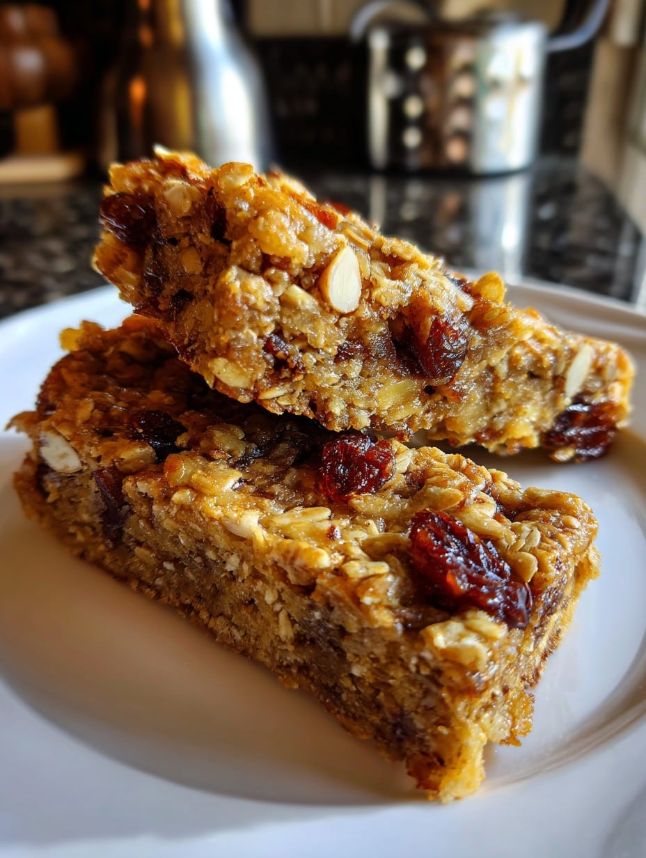 Barritas energéticas caseras de avena, plátano y manzana recién horneadas sobre una bandeja de cocina.