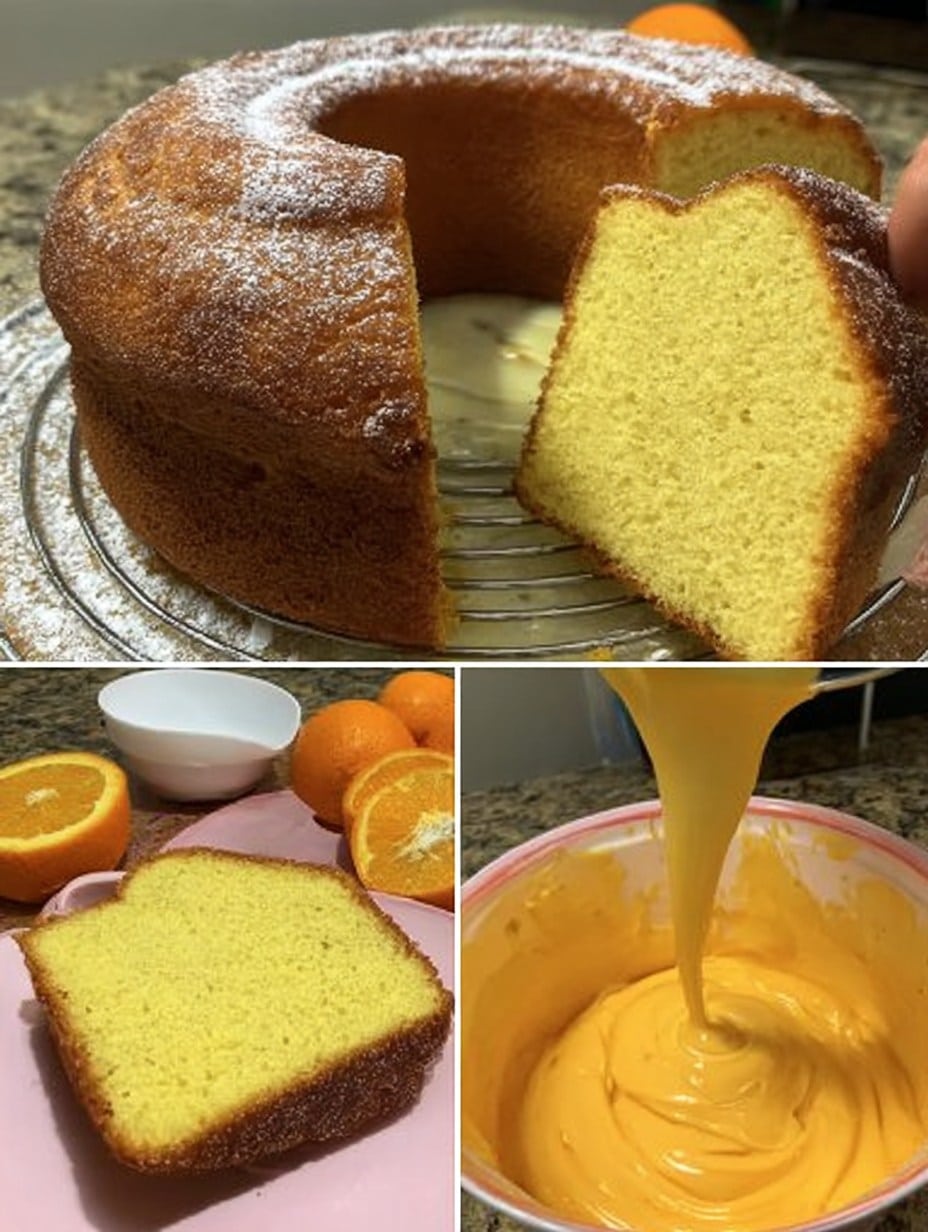 "Bizcocho de naranja suave y casero recién horneado, esponjoso y aromático sobre un plato blanco."