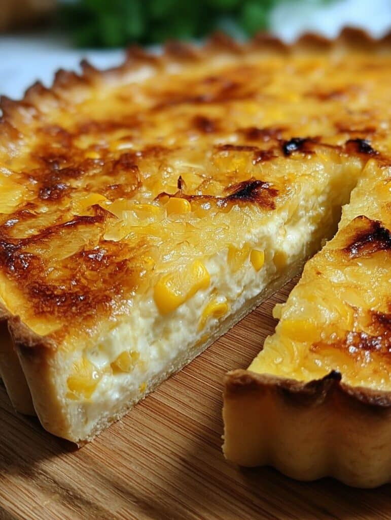 Tarta de choclo, cebolla y queso casera recién horneada, dorada y servida en una mesa familiar.
