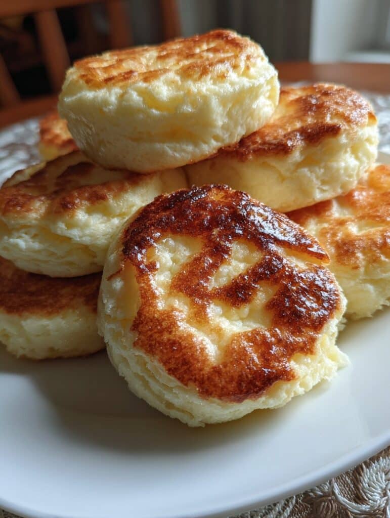 Bizcochitos de nube en sartén esponjosos, servidos en un plato con café.