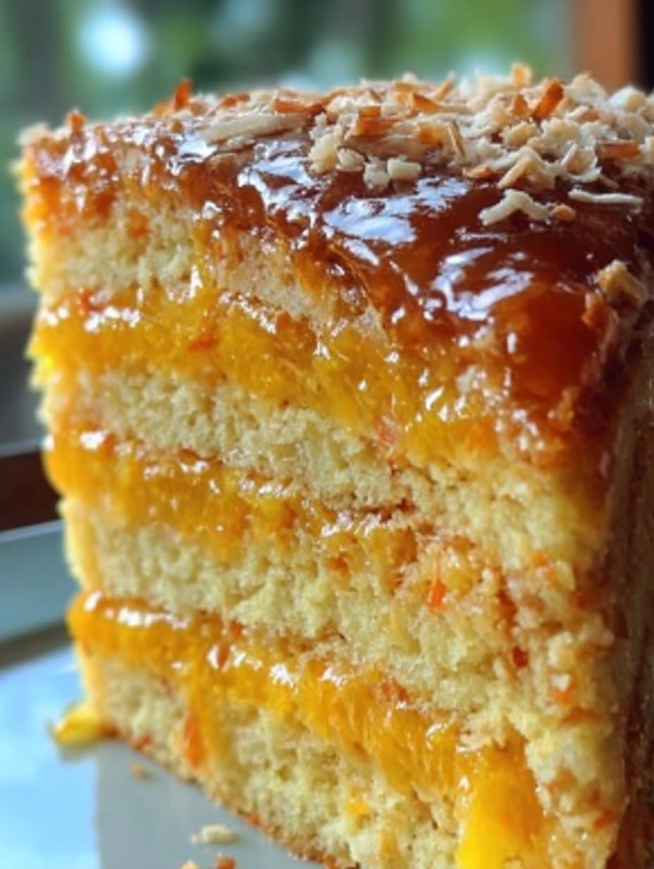 Tarta de zanahoria y naranja sin harina ni azúcar decorada con coco rallado en un plato de cerámica.