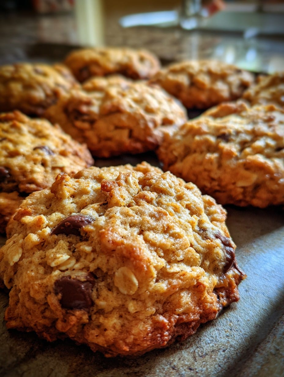 Galletas soft de banana y avena recién horneadas, servidas en un plato blanco sobre una mesa de cocina.