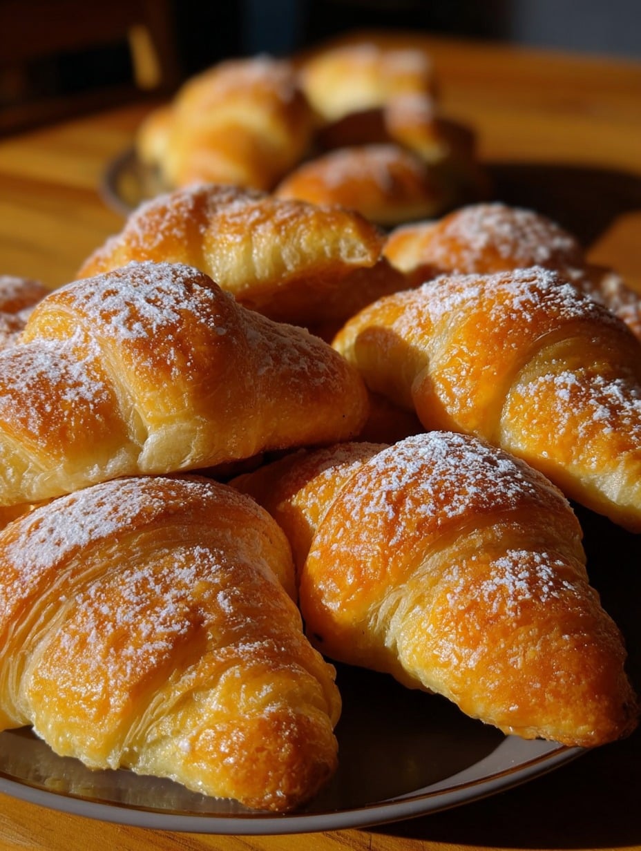 Medialunas caseras doradas y brillantes, recién salidas del horno, servidas en un plato blanco.