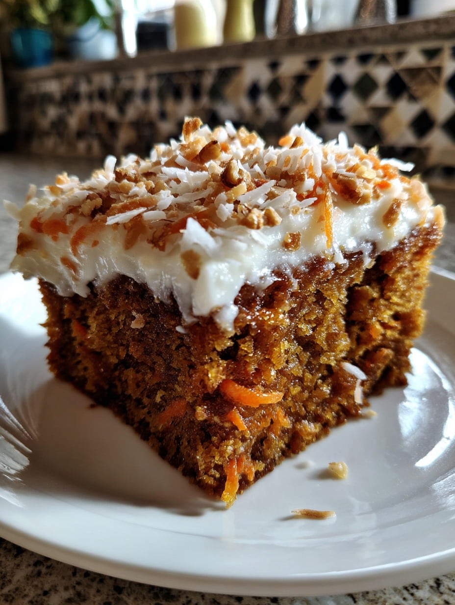 Rebanada de torta húmeda de zanahoria con crema de naranja decorada con nueces