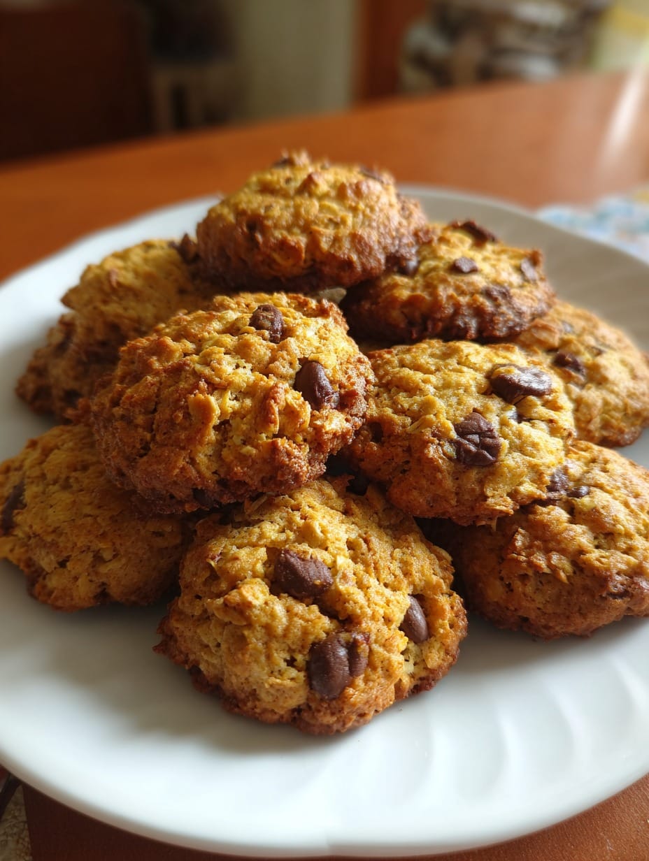 Galletitas de banana y avena caseras sin harina con chispas de chocolate recién horneadas