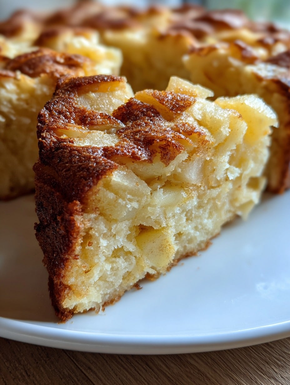 Budín mágico de manzana y canela casero recién horneado sobre una mesa de madera