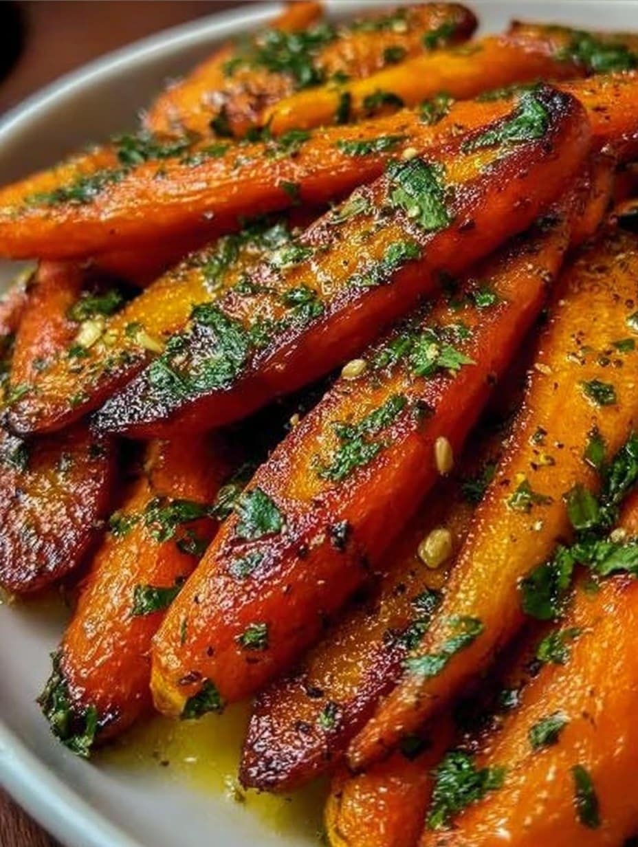 Zanahorias asadas con miel y mantequilla de ajo servidas en un plato, caramelizadas y decoradas con perejil fresco.