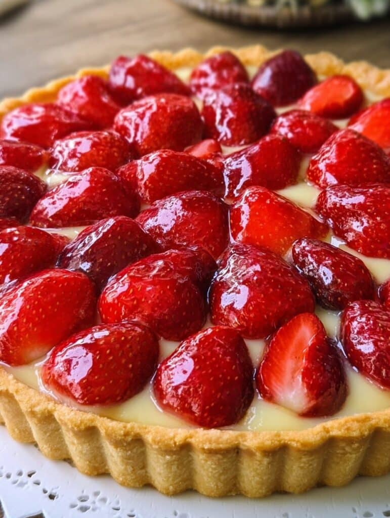 Tarta de frutillas casera con base de masa crujiente, crema pastelera y fresas frescas decoradas encima.