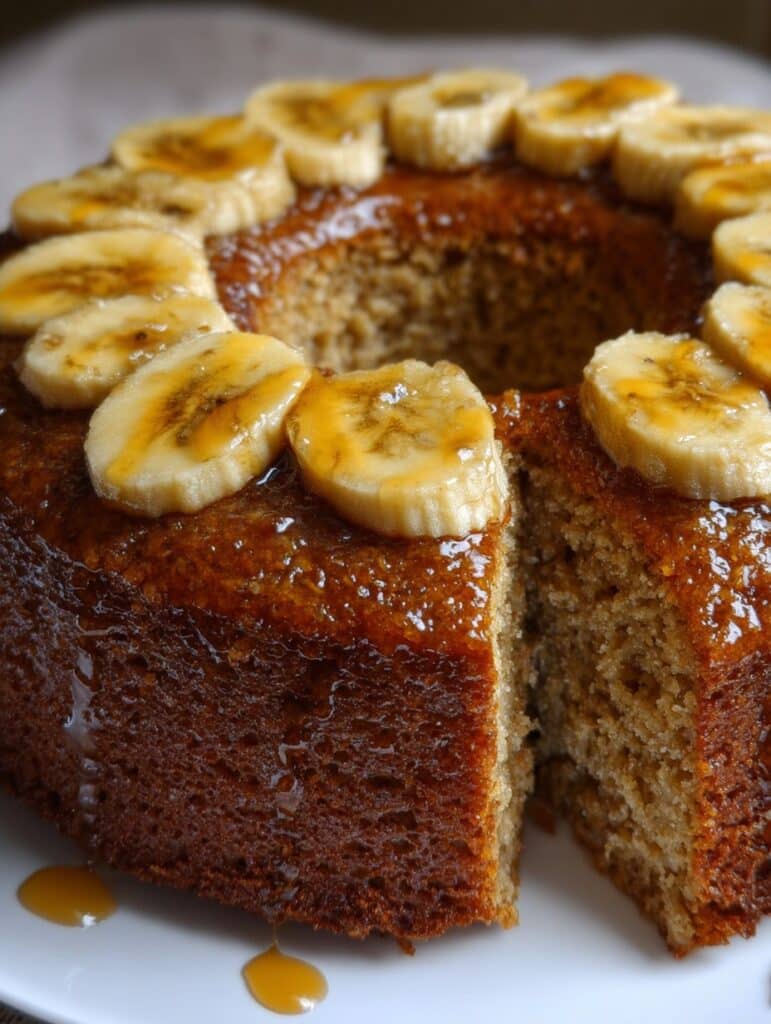 Bizcocho de avena con banana sin harina recién horneado, decorado con rodajas de plátano en la parte superior.