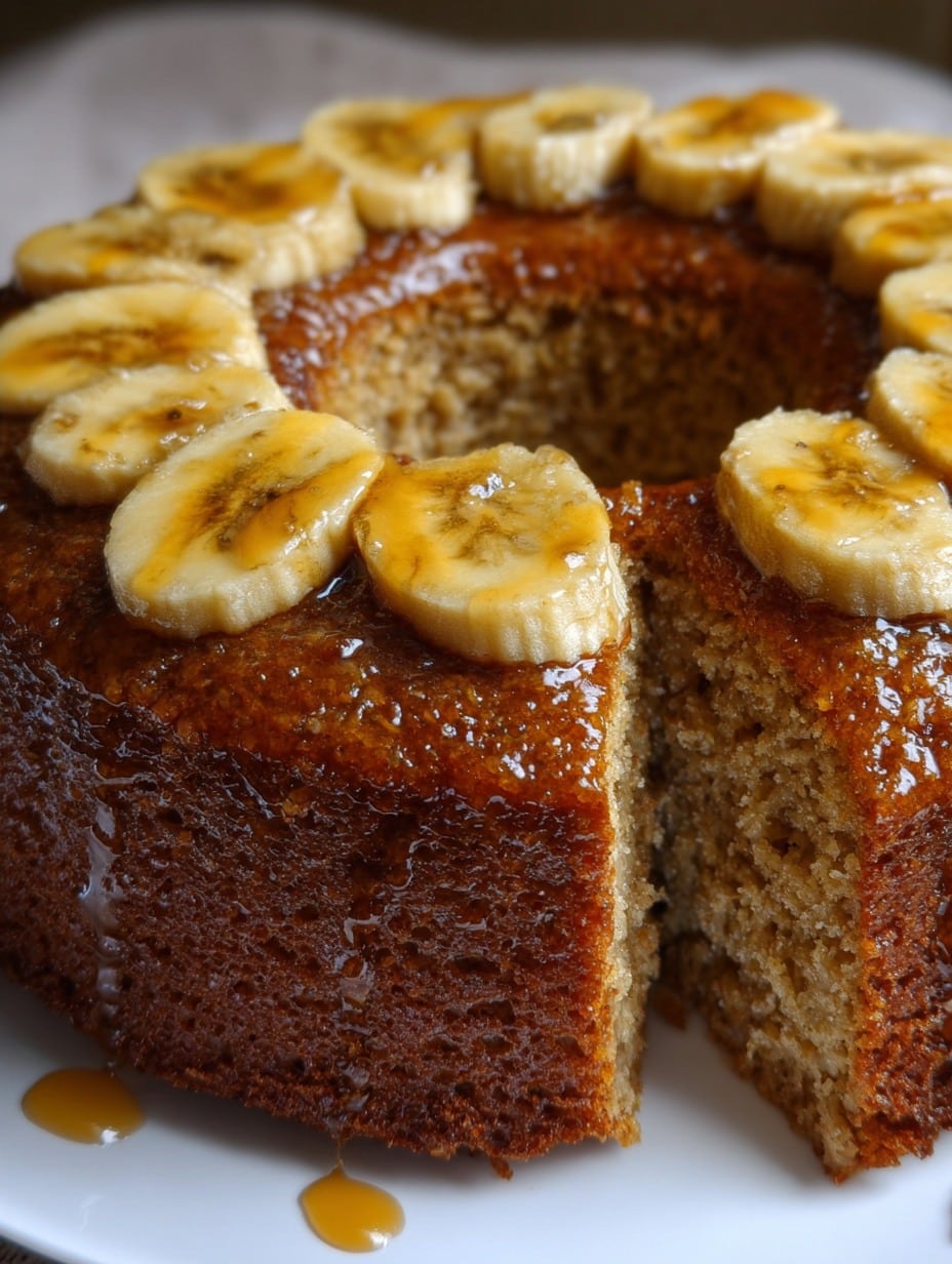 Bizcocho de avena con banana sin harina recién horneado, decorado con rodajas de plátano en la parte superior.