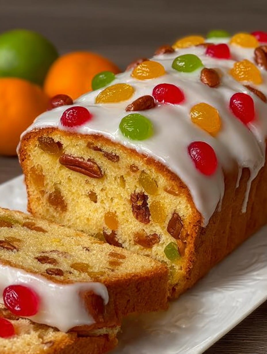 Pan dulce navideño casero decorado con glaseado blanco, cerezas en almíbar, nueces y frutas confitadas.