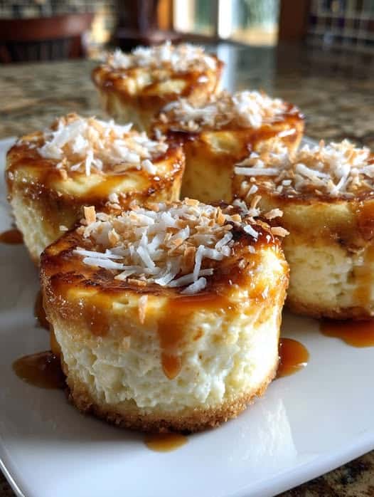 Mini cheesecakes de elote con coco rallado, sobre base de galleta y decorados con caramelo líquido.