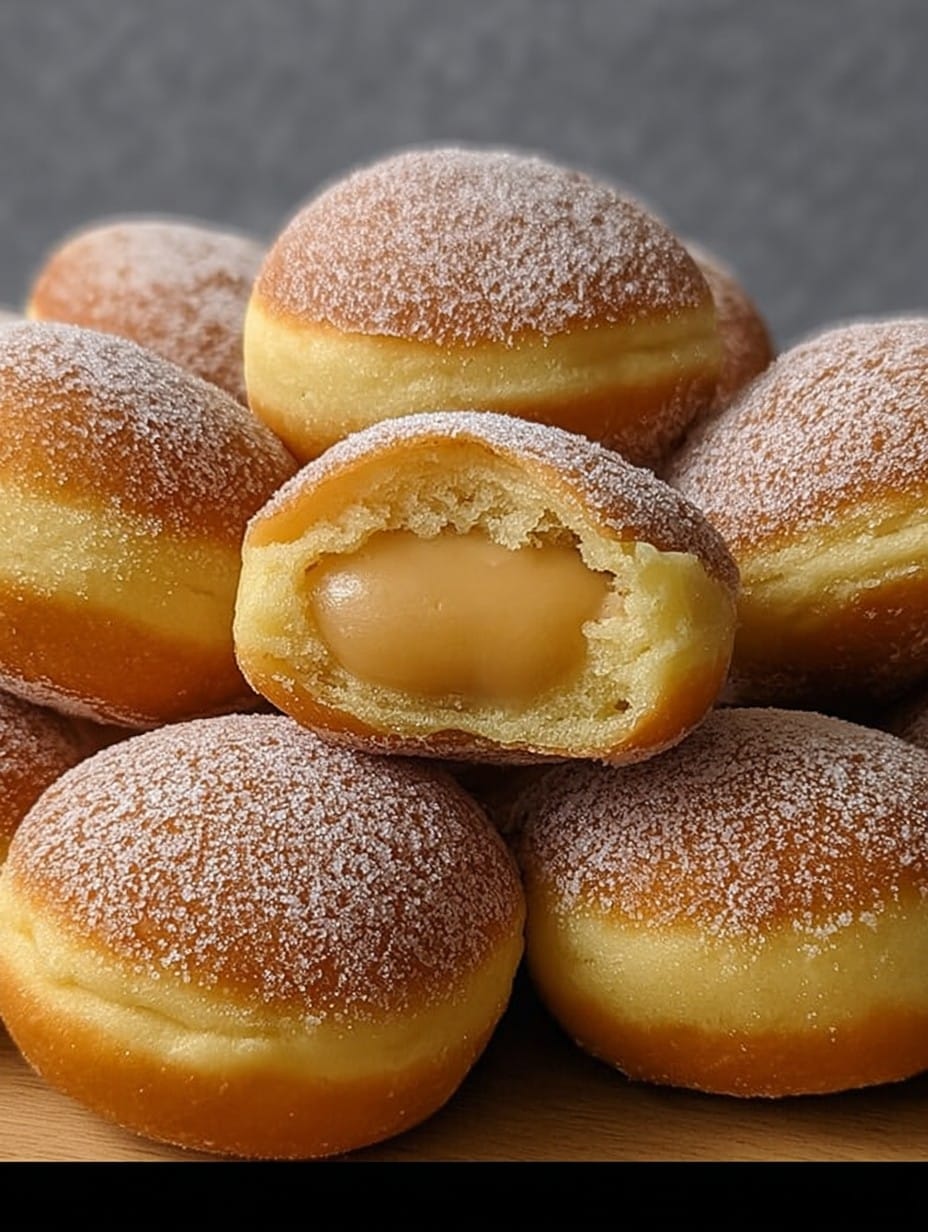 Bolitas de fraile recién fritas, esponjosas y rebozadas en azúcar sobre una bandeja.