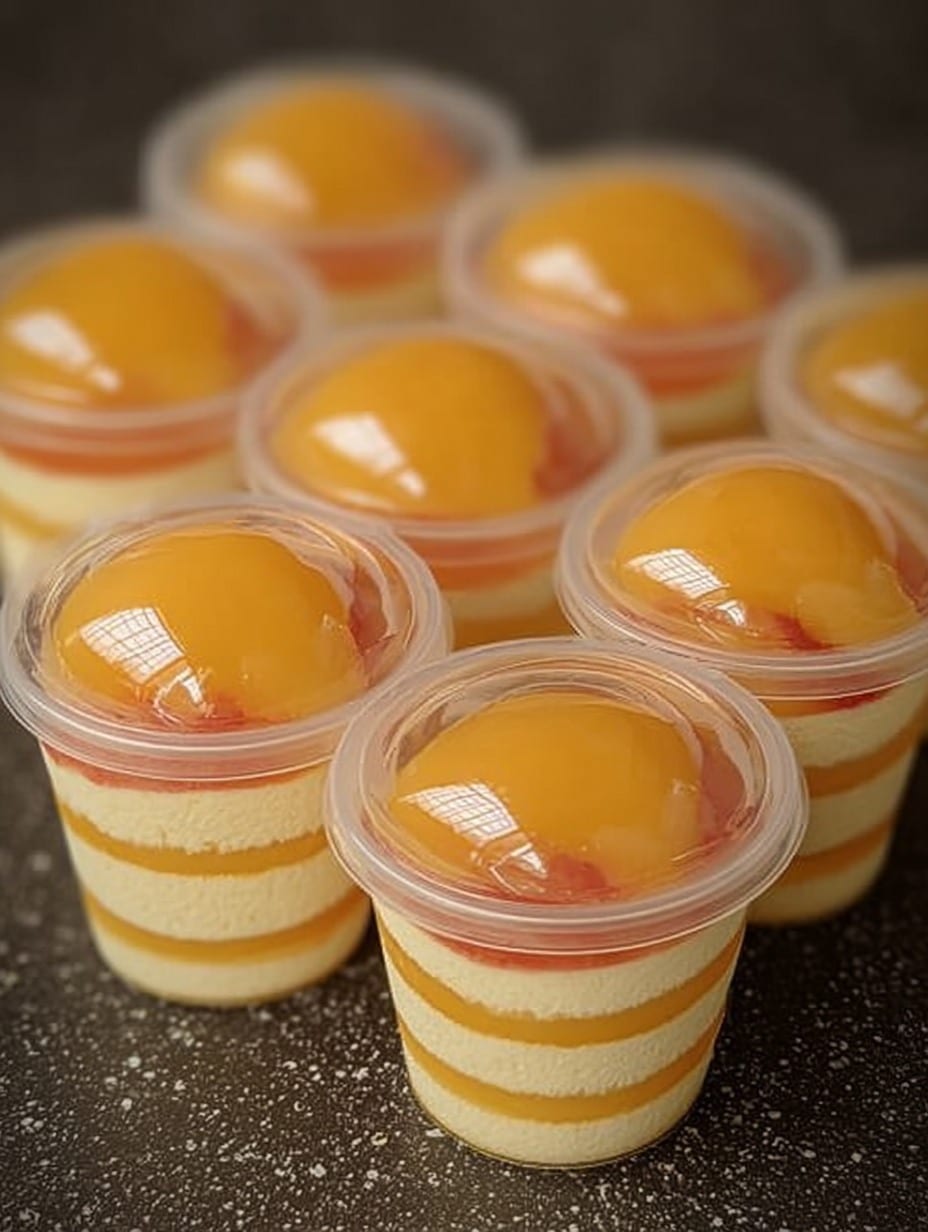 Postre casero de Carlota de durazno decorada con rodajas de fruta fresca sobre una capa cremosa.