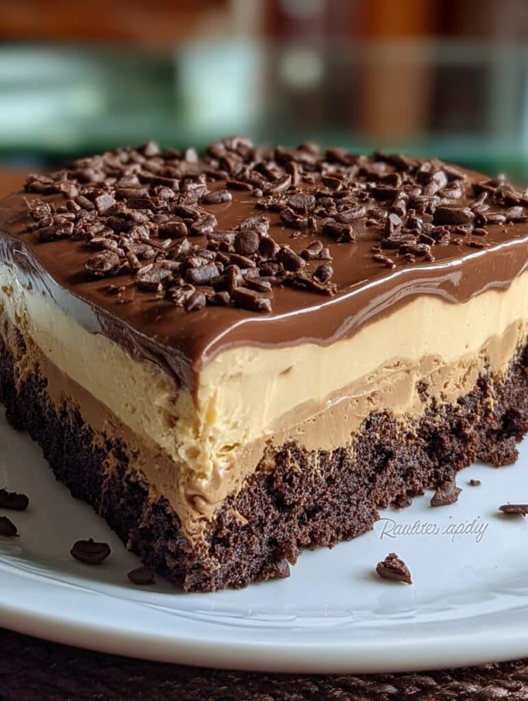 Chocotorta con crema de leche decorada con cacao en polvo y chocolate rallado sobre una mesa de madera