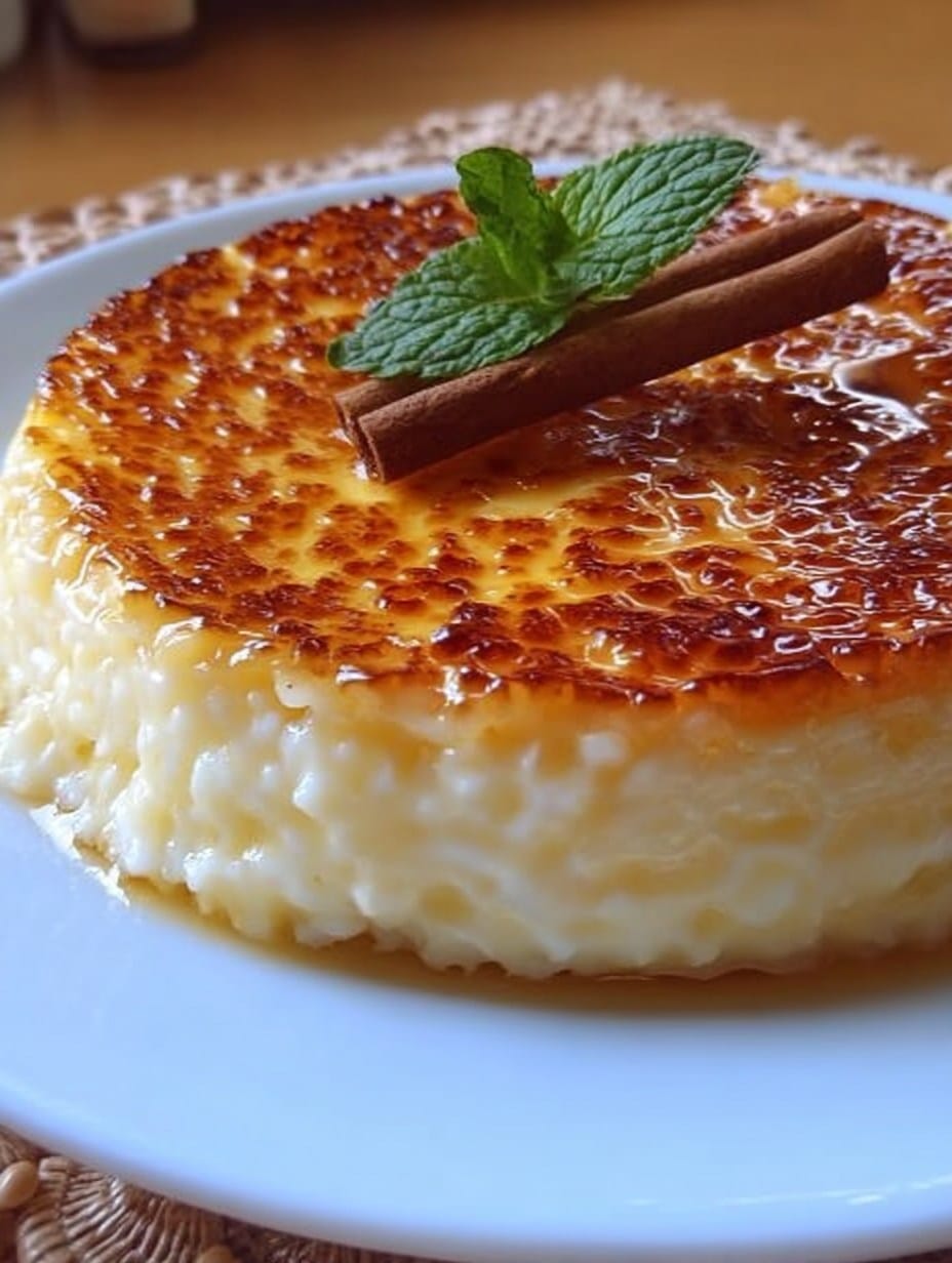 Tarta de arroz con leche sin horno decorada con canela.