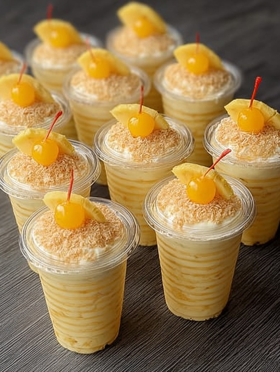 Carlota de piña colada decorada con piña en trozos y coco rallado tostado, servida en un molde de cristal.