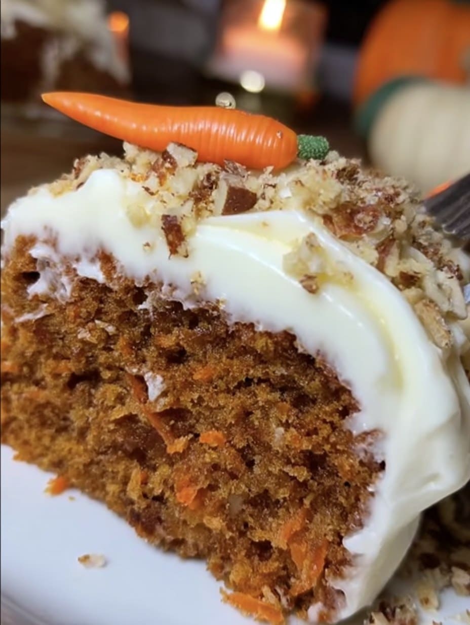 Pastel de zanahoria esponjoso con cobertura de queso crema decorado con nueces.