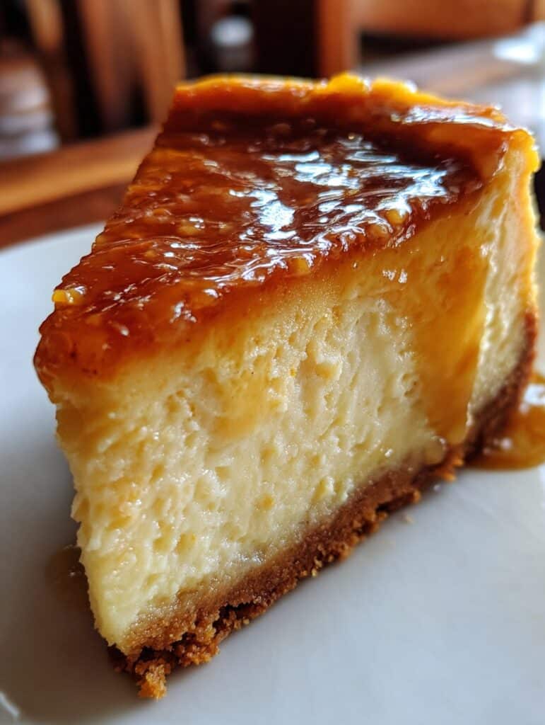 Cheesecake de Elote Caramelizado casero con base de galleta y cobertura de caramelo