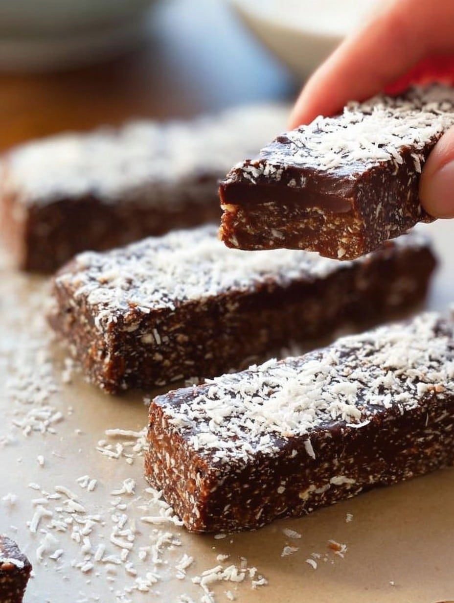 Barritas de banana, coco y cacao caseras sobre un plato decorado con coco rallado.