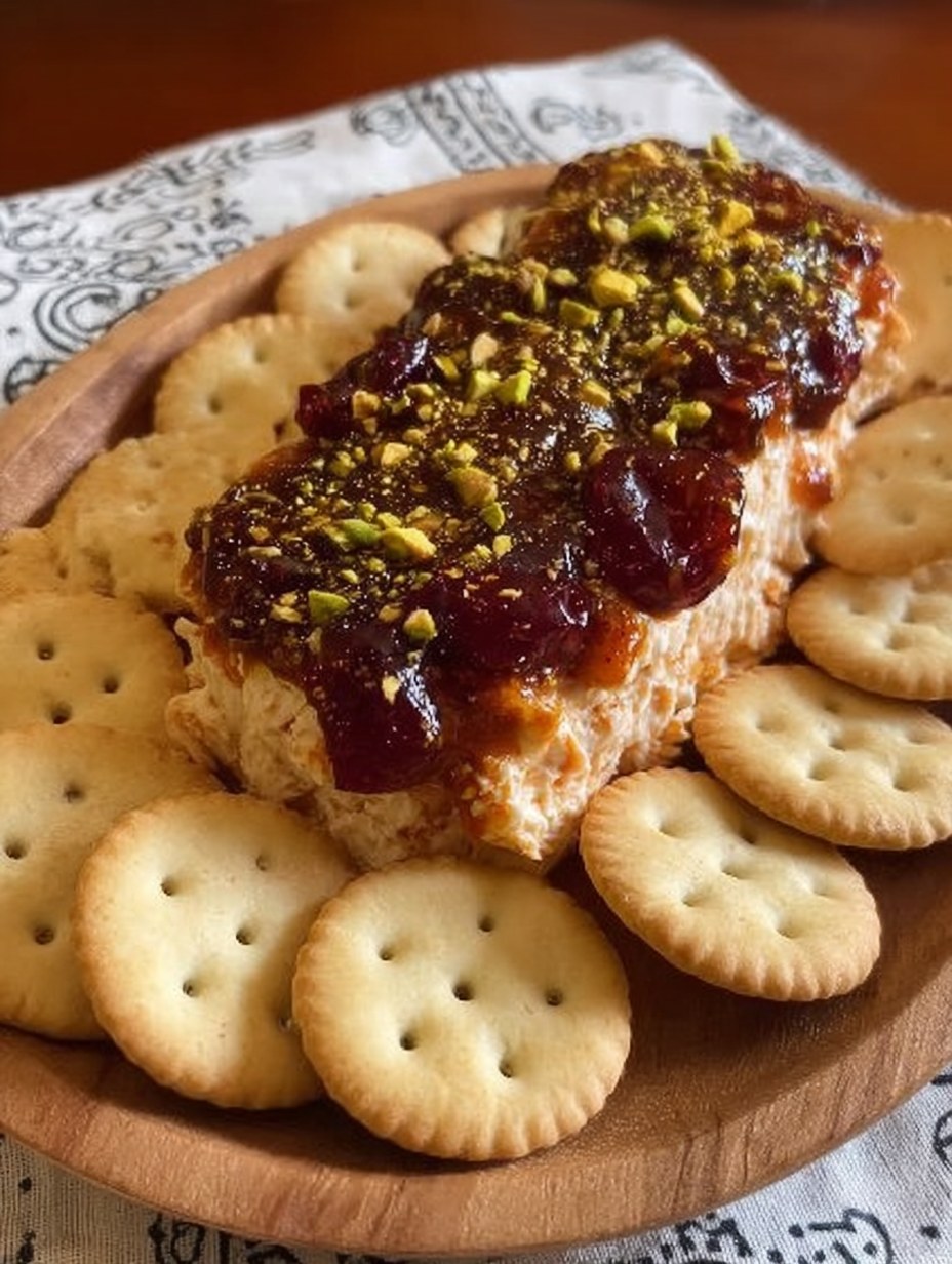 Queso crema bañado en salsa dulce de chipotle con arándanos y pistache, servido con galletas saladas como botana perfecta para reuniones.