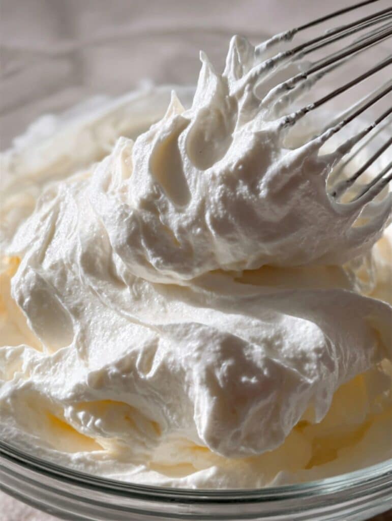 Crema Chantilly Casera con Leche en Polvo lista para servir sobre postres.