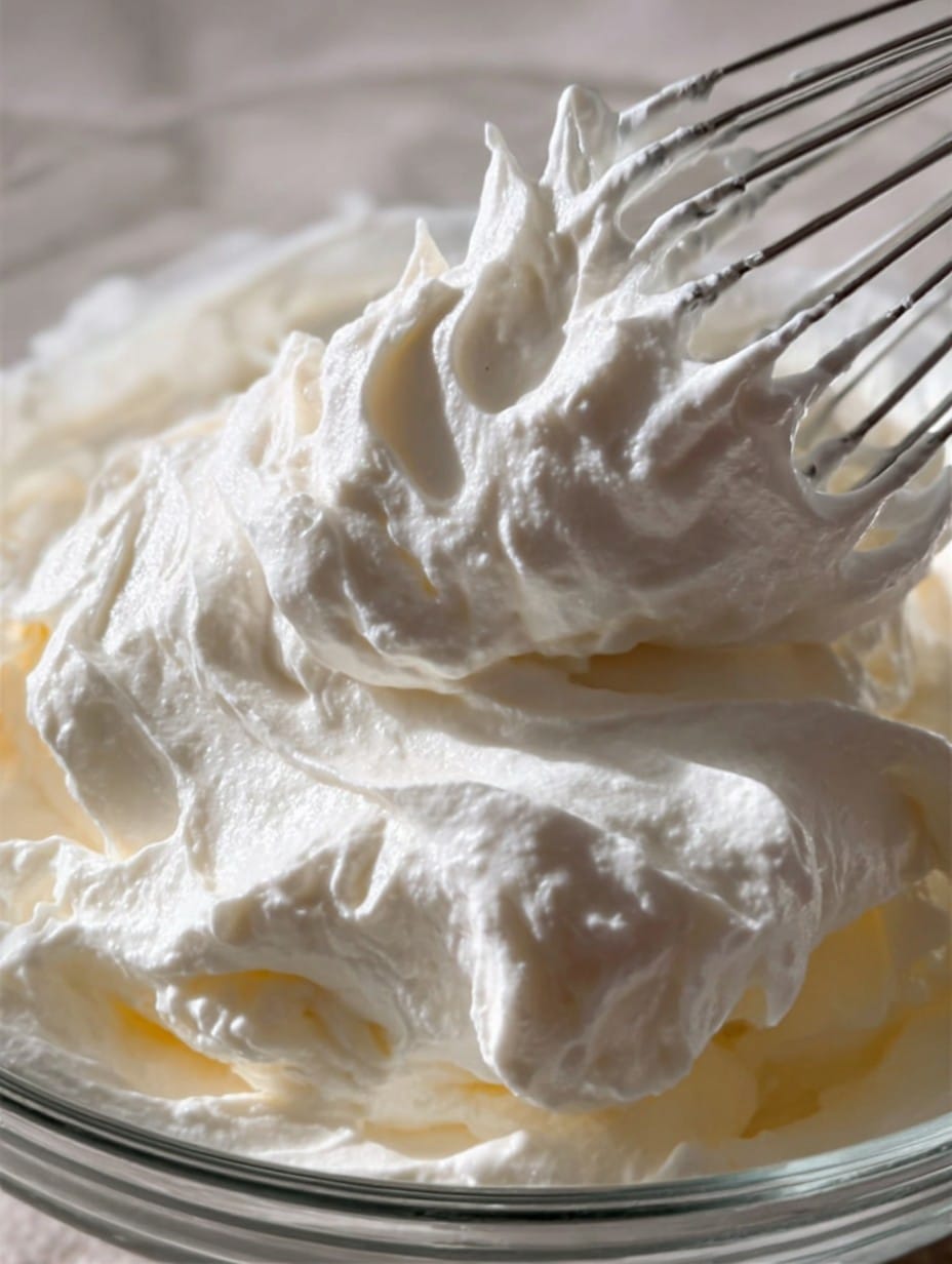 Crema Chantilly Casera con Leche en Polvo lista para servir sobre postres.