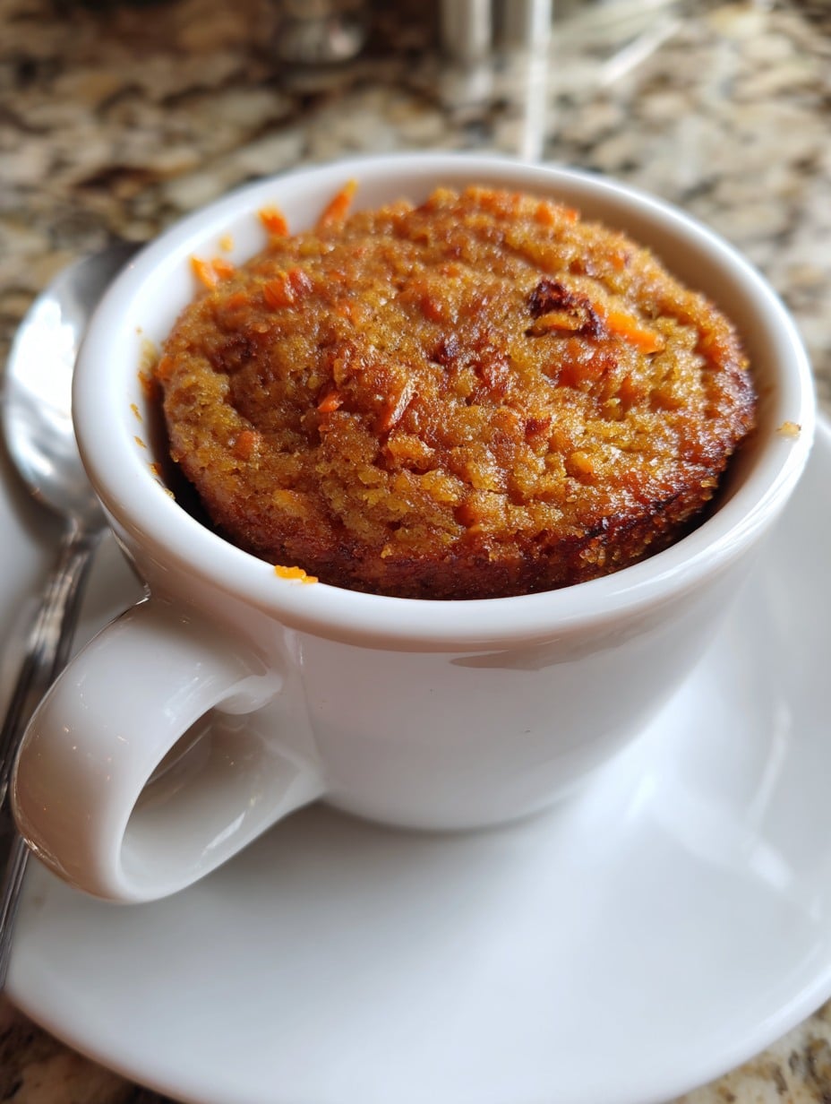 Mug Cake de zanahoria esponjoso en una taza blanca, recién salido del microondas.