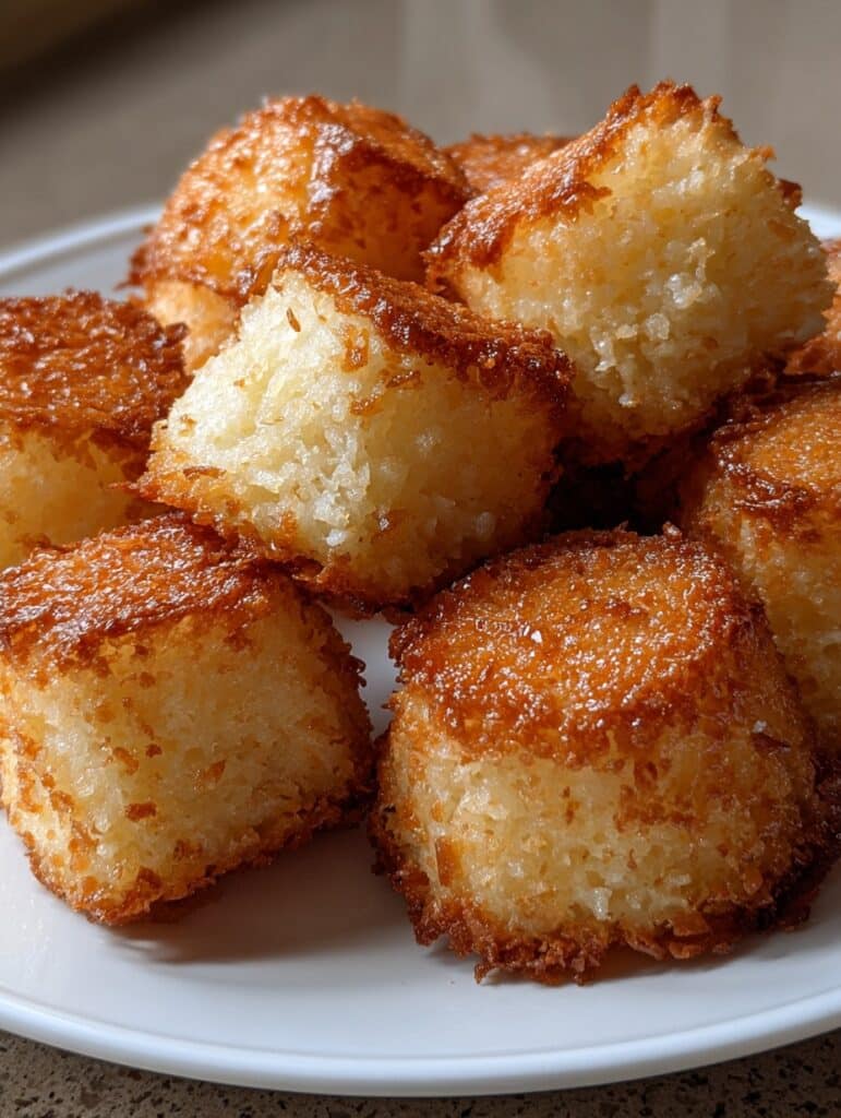 Bizcochitos de maíz y coco recién horneados, dorados y esponjosos, servidos en un plato de cerámica.